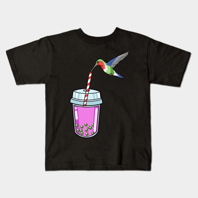 Bubble Tea Gift Women Bird Pink Boba Tea Gift Hummingbird Kids T-Shirt by PomegranatePower